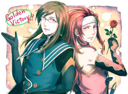Rule 34 | 00s, 2boys, brown hair, coat, english text, flower, glasses, gloves, headband, highres, jade curtiss, jarako (gaillardia), long hair, male focus, multiple boys, plant, red eyes, red hair, red rose, rose, speech bubble, tales of (series), tales of symphonia, tales of the abyss, upper body, wink, zelos wilder