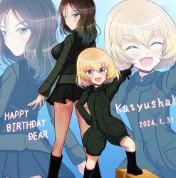 Rule 34 | 2girls, ass, black gloves, blonde hair, blue eyes, blush, breasts, brown hair, closed eyes, closed mouth, dated, fang, girls und panzer, gloves, happy birthday, highres, katyusha (girls und panzer), kumaisao, large breasts, looking at viewer, looking back, medium hair, microskirt, military uniform, multiple girls, nonna (girls und panzer), open mouth, pravda military uniform, short hair, skirt, small breasts, smile, uniform