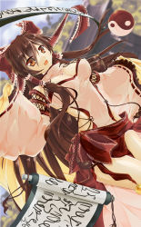 Rule 34 | 1girl, adapted costume, alternate costume, ball, blush, bow, breasts, brown eyes, brown hair, cleavage, female focus, hair bow, hair tubes, hakurei reimu, highres, large breasts, long hair, looking at viewer, open mouth, scroll, sesield, side slit, sleeves past wrists, smile, solo, touhou, wide sleeves, yin yang, yin yang orb