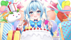 Rule 34 | 1girl, balloon, birthday, blue bow, blue eyes, blue hair, blush, bow, box, cake, confetti, cup, elegant (sumisumi4268), fang, food, fork, fruit, gift, gift box, h.live, heart balloon, highres, holding, holding fork, holding knife, knife, long hair, luna neige, official art, open mouth, skin fang, sparkling eyes, star balloon, strawberry, streamers, teacup, twintails, virtual youtuber, white headwear