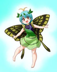 Rule 34 | 1girl, :d, antennae, aqua hair, barefoot, brown eyes, butterfly wings, commentary request, dress, eternity larva, fairy, full body, insect wings, kousei (public planet), leaf, leaf on head, multicolored clothes, multicolored dress, open mouth, smile, solo, touhou, wings