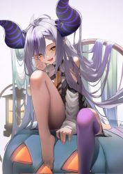 Rule 34 | 1girl, ahoge, barefoot, between legs, braid, breasts, convenient arm, demon horns, detached sleeves, fangs, feet, foot out of frame, grey background, hand between legs, highres, hololive, horns, jack-o&#039;-lantern, knee up, la+ darknesss, legs, light purple hair, long hair, long sleeves, looking at viewer, multicolored hair, nail polish, open mouth, orange eyes, pero (peroneko0510), purple background, purple hair, purple thighhighs, shirt, sidelocks, single bare leg, single thighhigh, sitting, sleeveless, sleeveless shirt, sleeves past wrists, slit pupils, small breasts, solo, streaked hair, striped horns, thighhighs, toenail polish, toenails, toes, very long hair, virtual youtuber