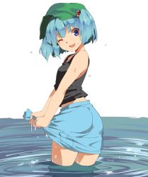 Rule 34 | 1girl, bad id, bad twitter id, blue eyes, blue hair, cowboy shot, hair bobbles, hair ornament, hasebe yuusaku, hat, kawashiro nitori, looking at viewer, matching hair/eyes, one eye closed, open mouth, partially submerged, simple background, skirt, sleeveless, smile, solo, tank top, touhou, twintails, two side up, wading, water, wet, wet clothes, white background, wringing clothes