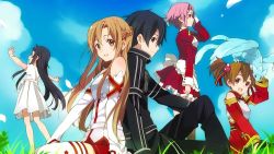 Rule 34 | 10s, 1boy, 4girls, :d, apron, armor, asuna (sao), back-to-back, bare shoulders, belt, black hair, breastplate, brown eyes, brown hair, cloud, day, detached sleeves, dragon, dress, end card, eyecatch, frills, grass, hair ornament, highres, horiguchi yukiko, kirito, lisbeth (sao), long hair, long legs, multiple girls, non-web source, open mouth, petals, pina (sao), pink hair, puffy sleeves, red eyes, screencap, short hair, short twintails, silica, sitting, skirt, sky, smile, sword art online, thighhighs, twintails, yui (sao)