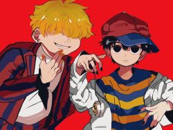 Rule 34 | 2boys, baseball cap, black hair, blonde hair, hair over eyes, hat, jacket, looking at viewer, mother (game), mother 2, multiple boys, nail polish, ness (mother 2), nintendo, porky minch, red background, red headwear, shirt, short hair, simple background, smile, striped clothes, striped jacket, striped shirt, vertical-striped clothes, vertical-striped jacket, yo-yo