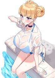 Rule 34 | 1girl, arm support, bikini, bikini under clothes, blonde hair, blue bikini, blue eyes, blunt bangs, blush, breasts, choker, collarbone, double bun, doughnut hair bun, hair bun, halterneck, highres, huge breasts, lina (michihasu), michihasu, multicolored eyes, multicolored nails, nail polish, open mouth, original, poolside, purple eyes, revision, see-through, shirt, side-tie bikini bottom, sitting, solo, swimsuit, water, wet, wet clothes, wet shirt