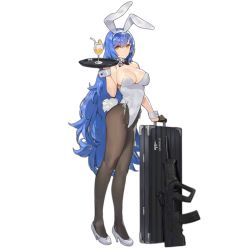 Rule 34 | 1girl, animal ears, assault rifle, bare shoulders, blue hair, bow, bowtie, breasts, brown gloves, brown pantyhose, bullpup, cleavage, closed mouth, covered navel, detached collar, fake animal ears, full body, girls&#039; frontline, gloves, gun, weapon case, hairband, half gloves, high heels, kishiyo, large breasts, leotard, long hair, official alternate costume, official art, pantyhose, playboy bunny, rabbit ears, rabbit tail, rifle, smile, solo, standing, tail, tar-21 (girls&#039; frontline), transparent background, tray, typo, very long hair, weapon, wrist cuffs, yellow eyes