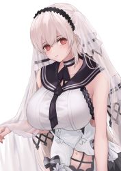 Rule 34 | 1girl, absurdres, azur lane, black choker, black neckwear, black sailor collar, bow, dress bow, breasts, choker, clothing cutout, dress, dress bow, dress flower, feather dress, flower, formidable (azur lane), formidable (timeless classics) (azur lane), hair ornament, highres, hitsuji (sheepsb22), huge breasts, long hair, looking at viewer, nail polish, navel cutout, official alternate costume, red eyes, red nails, sailor collar, simple background, sleeveless, sleeveless dress, solo, twintails, two-tone dress, two-tone ribbon, upper body, veil, very long hair, white background, white dress, white flower, white hair