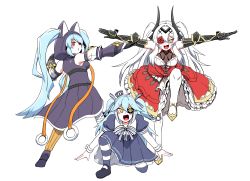 Rule 34 | 3girls, animal hood, black gloves, blue hair, blush, cyclops princess (last origin), dixie cup hat, dragon ball, dragonball z, dress, full body, gauntlets, ginyu force, ginyu force pose, gloves, gothic lolita, hair intakes, hat, highres, hood, last origin, light blue hair, lolita fashion, long hair, lrl (last origin), mannungei, mary janes, military hat, multiple girls, o3o, open mouth, pantyhose, parody, print eyepatch, red eyes, rose eyepatch, sailor collar, sailor dress, sailor hat, shoes, silver hair, smile, striped clothes, striped legwear, striped pantyhose, sweatdrop, tachi (artificial hero), trait connection, twintails, two side up, very long hair, white background, white legwear, yellow eyes