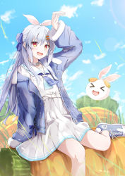 Rule 34 | &gt; &lt;, 1girl, :d, absurdres, bad id, bad pixiv id, belt, blue footwear, blue hair, blue jacket, blue neckerchief, blue ribbon, blush, carrot, carrot hair ornament, choker, commentary request, daidai (daidai826), food-themed hair ornament, foot out of frame, hair ornament, hair ribbon, highres, hololive, jacket, long hair, long sleeves, looking at viewer, neckerchief, open clothes, open jacket, open mouth, pekomon (usada pekora), red eyes, ribbon, sailor collar, shirt, shoes, short eyebrows, sitting, skirt, smile, sneakers, solo, teeth, thick eyebrows, upper teeth only, usada pekora, usada pekora (casual), virtual youtuber, white belt, white choker, white sailor collar, white shirt, white skirt, xd