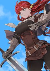 Rule 34 | 1girl, absurdres, armor, belt, blue sky, breasts, capelet, from below, gauntlets, hair ribbon, highres, holding, holding sword, holding weapon, jun (navigavi), leather armor, long hair, original, pantyhose, red hair, ribbon, sheath, sky, solo, sword, twintails, weapon, weibo logo, weibo watermark