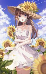Rule 34 | 1girl, :d, absurdres, bare arms, blue eyes, blue sky, blunt bangs, breasts, brown hair, cloud, collarbone, commentary, commentary request, contrail, day, dress, flower, hat, hat flower, highres, leepy, long hair, looking at viewer, open mouth, original, outdoors, sky, small breasts, smile, solo, standing, sun hat, sundress, sunflower, sunflower petals, symbol-only commentary, white dress