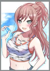 1girl absurdres bang_dream! blush border bottle breasts brown_hair cleavage crop_top green_eyes grey_border half_updo highres holding holding_bottle imai_lisa long_hair looking_at_viewer medium_breasts midriff navel open_mouth pocari_sweat sandman_(gm4zfijcwbz3g4y) sidelocks solo sparkle sweat upper_body