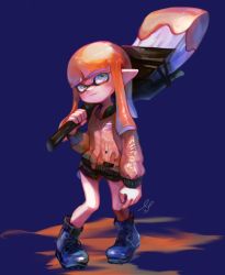 Rule 34 | 1girl, ankle boots, artist name, black shorts, blue background, blue footwear, blunt bangs, blunt ends, boots, brown jacket, carrying over shoulder, closed mouth, commentary, cross-laced footwear, dolphin shorts, grey eyes, gym shorts, head tilt, holding, holding weapon, inkling, inkling girl, inkling player character, jacket, light smile, logo, long hair, looking at viewer, miu pachi, nintendo, octobrush (splatoon), orange hair, paint splatter, pointy ears, short shorts, shorts, signature, simple background, solo, splatoon (series), splatoon 2, standing, tentacle hair, weapon