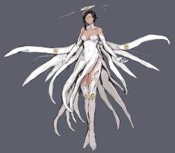Rule 34 | 1girl, angel, bare shoulders, black hair, breasts, cleavage, closed mouth, collarbone, dress, elbow gloves, gloves, grey background, halo, highres, large breasts, medium hair, original, simple background, solo, tentacle wings, thighhighs, white dress, white gloves, white thighhighs, wings, yellow eyes, yourfreakyneighbourh