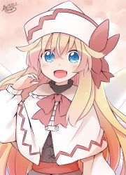 Rule 34 | 1girl, artist name, blonde hair, blue eyes, bow, bowtie, capelet, commentary request, dated, fairy wings, hat, hat bow, highres, lily white, long hair, long sleeves, looking at viewer, open mouth, pink background, red bow, red bowtie, sash, signature, smile, solo, touhou, upper body, very long hair, white hat, wings, yutamaro