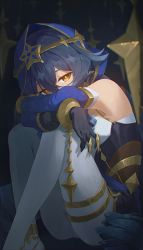 Rule 34 | 1girl, absurdres, bare shoulders, black gloves, blue hair, blue hood, blue sleeves, claw ring, commentary, covered mouth, detached sleeves, feet out of frame, genshin impact, gloves, hair between eyes, head rest, highres, hugging own legs, knees up, layla (genshin impact), long hair, long sleeves, looking at viewer, pants, pellas (panix2383), pointy ears, ringlets, sitting, solo, symbol-only commentary, thighlet, thighs, white pants, yellow eyes