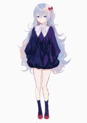 Rule 34 | 1girl, bad id, bad twitter id, bow, closed mouth, crossed bangs, dress, full body, grey hair, hair between eyes, hair bow, hands in pockets, highres, long hair, looking at viewer, one side up, original, p2 (uxjzz), purple dress, purple eyes, purple socks, red bow, red footwear, shoes, short dress, simple background, socks, solo, standing, very long hair, wavy hair, white background