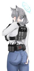 Rule 34 | 1girl, alternate costume, animal ear fluff, animal ears, ass, belt, blue archive, blush, breasts, bulletproof vest, commentary, denim, from behind, fte (fifteen 199), grey hair, halo, hand on own ass, highres, jeans, large breasts, looking at viewer, military, pants, ponytail, profile, shiroko (blue archive), shirt, sideways glance, simple background, skindentation, solo, utility belt, white background, white shirt, wolf ears