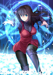Rule 34 | 1girl, aozaki aoko, black footwear, black pantyhose, black sweater, blue eyes, boots, breasts, brown hair, buttons, closed mouth, commentary request, cqqz0707, dress, field, floating hair, flower, flower field, glowing flower, hair between eyes, hair intakes, highres, large breasts, long hair, long sleeves, looking at viewer, magic, magic circle, mahou tsukai no yoru, outstretched arm, pantyhose, petals, red dress, smile, solo, sweater, turtleneck, turtleneck sweater, white flower