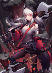 Rule 34 | 1girl, absurdres, arknights, axe, bare shoulders, belt, black belt, black gloves, black headwear, black pantyhose, black skirt, breasts, cleavage, fingerless gloves, frostleaf (arknights), gloves, grey shirt, highres, holding, holding axe, holding weapon, jacket, long hair, long sleeves, looking at viewer, material growth, miniskirt, off-shoulder shirt, off shoulder, open clothes, open jacket, oripathy lesion (arknights), pantyhose, pencil skirt, pouch, red eyes, red jacket, shirt, silver hair, skeletoner blackshining, skirt, solo, standing, weapon