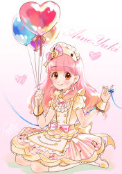 Rule 34 | 1girl, absurdres, aikatsu! (series), aikatsu friends!, balloon, blunt bangs, blush, bow, buttons, character name, closed mouth, dated, double-breasted, dress, earrings, fingernails, geshumaro, gradient hair, hands up, heart, highres, holding, holding balloon, jewelry, looking at viewer, multicolored hair, orange eyes, pink hair, pinky out, puffy short sleeves, puffy sleeves, shoes, short sleeves, signature, smile, socks, solo, string, string of fate, white footwear, white socks, yellow dress, yuki aine