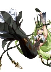 Rule 34 | 1girl, armpits, arms up, bare shoulders, black dress, black gloves, breasts, claw ring, cleavage, crown, dress, earrings, full body, gloves, green hair, honkai (series), honkai impact 3rd, jewelry, large breasts, long hair, looking at viewer, medium breasts, mobius (honkai impact), purple eyes, simple background, single earring, single sleeve, sleeveless, sleeveless dress, slit pupils, solo, sun machi (user nejx5324), white background