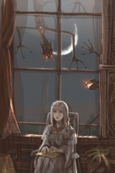 Rule 34 | book, highres, kyan-dog, long hair, monster, moon, night, open book, reading, solo, window