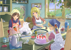 Rule 34 | 3girls, apron, bad id, bad pixiv id, baking, blonde hair, brown hair, cake, can, chair, cooking, cream, cup, food, head scarf, long hair, milk carton, mixing bowl, multiple girls, original, pastry bag, plant, potted plant, purple eyes, sleeves pushed up, sleeves rolled up, table, teacup, teapot, yellow eyes, yoropa