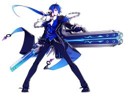 Rule 34 | 1boy, absurdres, black coat, black footwear, black gloves, black pants, blue eyes, blue hair, blue shirt, bow, chain, ciel (elsword), closed mouth, coat, cross, cross earrings, dual wielding, earrings, elsword, full body, gloves, gun, highres, holding, holding gun, holding weapon, hwansang, jewelry, long hair, looking away, male focus, official art, pants, pointy ears, ponytail, royal guard (elsword), serious, shirt, shoes, solo, standing, transparent background, weapon, white bow