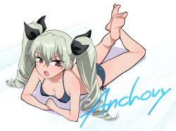 Rule 34 | 10s, 1girl, anchovy (girls und panzer), arm support, barefoot, bikini, breasts, character name, cleavage, drill hair, feet, full body, girls und panzer, green hair, looking at viewer, lying, on stomach, open mouth, red eyes, shoukaki (earthean), side-tie bikini bottom, solo, swimsuit, the pose, twintails, white background