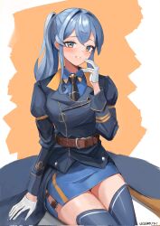 Rule 34 | 1girl, alternate hairstyle, blue eyes, blue hair, blue skirt, blue thighhighs, blush, breasts, dawn 1945, gloves, gotland (kancolle), hair between eyes, half gloves, highres, kantai collection, long hair, long sleeves, looking at viewer, medium breasts, military uniform, mole, mole under eye, necktie, shirt, sitting, skirt, smile, solo, thighhighs, uniform, white background, white gloves, yellow background