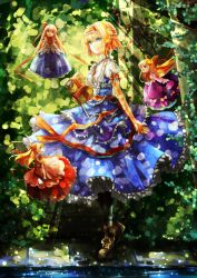 Rule 34 | 1girl, alice margatroid, aqua eyes, arms behind back, black pantyhose, blonde hair, blue dress, blue eyes, book, boots, bow, capelet, dappled sunlight, doll, dress, embellished costume, female focus, frills, gem, grimoire, grimoire of alice, hair bow, hairband, head tilt, jewelry, light particles, light rays, long hair, necklace, pantyhose, pearl (gemstone), pearl necklace, purple dress, purple eyes, red dress, red eyes, ribbon, shade, shanghai doll, short hair, smile, solo, standing, sunbeam, sunlight, touhou, vetina