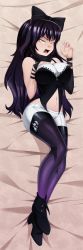 Rule 34 | 1girl, absurdres, bare shoulders, bed, black bow, black hair, blake belladonna, boots, bow, breasts, cat girl, dakimakura (medium), hair bow, highres, incredibly absurdres, large breasts, legs, long hair, looking at viewer, lying, navel, on back, open mouth, purple thighhighs, ravenravenraven, rwby, short shorts, shorts, sleeveless, solo, stomach, thighhighs, thighs, white shorts, yellow eyes