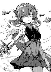Rule 34 | 1girl, aircraft, alexzhang, breasts, closed mouth, commentary request, covered erect nipples, greyscale, hair between eyes, headgear, highres, holding, kantai collection, long sleeves, looking at viewer, monochrome, open hand, pleated skirt, sideboob, signature, skirt, small breasts, solo, taihou (kancolle)