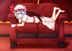 Rule 34 | 1girl, barefoot, bat wings, blue hair, couch, cup, curtains, drinking glass, fang, female focus, hat, hat ribbon, head rest, legs up, looking at viewer, lying, mob cap, on stomach, open mouth, ori (foxdie), puffy short sleeves, puffy sleeves, red eyes, red upholstery, remilia scarlet, ribbon, sash, short hair, short sleeves, skirt, skirt set, solo, touhou, wine glass, wings, wrist cuffs