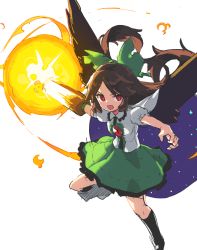 Rule 34 | 1girl, arm cannon, asymmetrical footwear, bird wings, black socks, black wings, blouse, bow, breasts, brown hair, cape, center frills, collared shirt, control rod, frilled shirt collar, frilled skirt, frills, green bow, green skirt, hair bow, kneehighs, long hair, mismatched footwear, open mouth, puffy short sleeves, puffy sleeves, red eyes, reiuji utsuho, shirt, shoes, short sleeves, simple background, single shoe, skirt, small breasts, socks, solo, starry sky print, sun, tekka maki (wafuu-bune), third eye, touhou, v-shaped eyebrows, weapon, white background, white cape, white shirt, wings