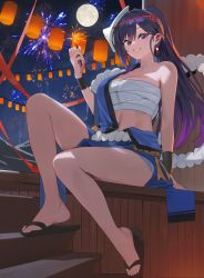 Rule 34 | 1girl, bare shoulders, black footwear, breasts, cleavage, commentary, commission, english commentary, fireworks, full body, full moon, highres, hood (james x), large breasts, long hair, looking at viewer, moon, navel, original, outdoors, parted lips, ponytail, purple eyes, purple hair, sandals, sitting, smile, solo, sparkler, teeth, thighs, zouri