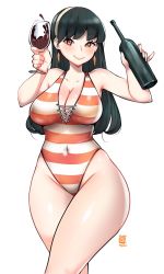 Rule 34 | 1girl, alcohol, black hair, bottle, breasts, cleavage, cup, drinking glass, highres, kenron toqueen, large breasts, simple background, smile, solo, spy x family, white background, wine, wine bottle, wine glass, yor briar