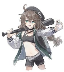 Rule 34 | 1girl, :d, absurdres, ahoge, arknights, ball, baseball bat, black choker, black hat, black shorts, black tank top, breasts, brown hair, choker, commentary, completion time, cowboy shot, cropped legs, cuora (arknights), green eyes, green hair, hat, highres, holding, holding ball, holding baseball bat, jacket, long hair, long sleeves, looking at viewer, midriff, multicolored hair, navel, one-hour drawing challenge, open clothes, open jacket, open mouth, osakanadream, shorts, simple background, sketch, small breasts, smile, solo, streaked hair, tank top, twintails, white background, white jacket