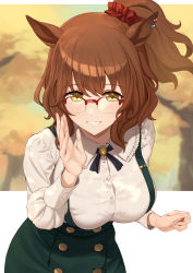Rule 34 | 1girl, :d, absurdres, animal ears, aston machan (umamusume), autumn, black ribbon, breasts, brown hair, casual, cowboy shot, frilled shirt collar, frills, glasses, green skirt, grin, hair ornament, hair scrunchie, hand up, highres, horse ears, hukahito, large breasts, leaning forward, long hair, looking at viewer, neck ribbon, one side up, open mouth, outdoors, outside border, over-rim eyewear, parted lips, red-framed eyewear, ribbon, scrunchie, semi-rimless eyewear, shirt, skirt, smile, solo, suspender skirt, suspenders, tree, umamusume, white shirt, yellow eyes