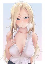 Rule 34 | 1girl, blonde hair, blue eyes, blush, breasts, breath, cleavage, collared shirt, commentary request, highres, hornet (kancolle), kantai collection, large breasts, long hair, looking at viewer, sakieko, shirt, simple background, sleeveless, sleeveless shirt, smile, solo, upper body, very long hair, white shirt