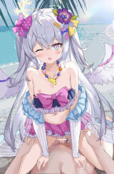 Rule 34 | ahoge, azusa (blue archive), azusa (swimsuit) (blue archive), bar censor, beach, bikini, blue archive, bow, breasts, censored, collarbone, cow girl, cowgirl position, crossed bangs, detached sleeves, flower, frilled bikini, frills, hair bow, hair flower, hair ornament, hetero, highres, jewelry, multicolored eyes, navel, necklace, nipples, one breast out, open mouth, outdoors, penis, pov, purple eyes, pussy, serika, sex, shore, small breasts, solo focus, straddling, swimsuit, twintails, vaginal, white hair, wince, wings