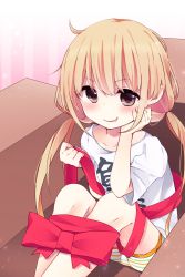 Rule 34 | 10s, 1girl, absurdres, bdsm, bike shorts, blonde hair, blush, bondage, bound, bound legs, box, clothes writing, commentary request, futaba anzu, hand on own cheek, hand on own face, highres, idolmaster, idolmaster cinderella girls, in box, in container, long hair, looking at viewer, low twintails, mizuno monaka, open mouth, red ribbon, ribbon, ribbon bondage, shirt, sitting, smile, solo, striped bike shorts, striped clothes, t-shirt, twintails