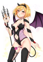 Rule 34 | 10s, 1girl, :d, absurdres, bad id, bad twitter id, bat wings, between legs, black thighhighs, blonde hair, blush, breasts, choker, cleavage, clothing cutout, collarbone, demon horns, demon tail, djeeta (granblue fantasy), eyebrows, fake horns, gem, granblue fantasy, groin, hairband, head tilt, heart, highres, holding, holding weapon, horns, index finger raised, jack dempa, leotard, looking at viewer, medium breasts, navel, navel cutout, open mouth, partially visible vulva, polearm, red gemstone, short hair, simple background, smile, solo, stomach, tail, thighhighs, trident, weapon, white background, wings, yellow eyes
