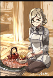 Rule 34 | apron, artist name, black neckwear, blouse, breasts, commentary request, fish, food, glasses, green eyes, grey shirt, highres, indoors, kantai collection, katori (kancolle), kneeling, large breasts, light brown hair, light smile, pantyhose, seitei (04seitei), shirt, solo, traditional media