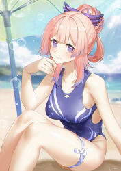 Rule 34 | 1girl, beach umbrella, blue one-piece swimsuit, blurry, blurry background, bow-shaped hair, breasts, bubble, commentary request, competition swimsuit, genshin impact, gradient hair, highres, light smile, linreplica, long hair, looking at viewer, medium breasts, multicolored hair, ocean, one-piece swimsuit, pink hair, pink nails, purple eyes, sangonomiya kokomi, sidelocks, sitting, solo, swimsuit, thigh strap, thighs, umbrella
