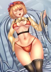 Rule 34 | 1girl, ;d, aki minoriko, bikini, black thighhighs, blonde hair, breasts, cleavage, food, fruit, grapes, groin, hair ornament, hand on own hip, hat, highres, holding, holding hose, hose, long sleeves, looking at viewer, medium breasts, mob cap, navel, one eye closed, open mouth, plaid, plaid bikini, red bikini, red eyes, red hat, shirt, short hair, shounen (hogehoge), smile, solo, standing, swimsuit, thighhighs, touhou, water, x hair ornament, yellow shirt