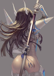 Rule 34 | 10s, 1girl, ass, back, bakuzan, black hair, blue eyes, breasts, club3, from behind, grey background, highres, holding, holding sword, holding weapon, horns, junketsu, kill la kill, kiryuuin satsuki, living clothes, long hair, looking back, revealing clothes, sheath, simple background, spikes, suspenders, sword, thighhighs, underboob, unsheathing, weapon