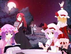 Rule 34 | 6+girls, :o, arm behind head, bat wings, blonde hair, book, chair, china dress, chinese clothes, crescent, cup, demon tail, dress, female focus, flandre scarlet, full moon, gate, hat, head wings, hong meiling, izayoi sakuya, kazeharu, koakuma, long hair, maid, maid headdress, moon, multiple girls, necktie, night, night sky, open book, patchouli knowledge, purple eyes, purple hair, reading, red eyes, red hair, red moon, remilia scarlet, short hair, side ponytail, silver hair, sitting, sky, star (sky), starry sky, table, tail, tea, teacup, embodiment of scarlet devil, touhou, tree, vest, waving, wings